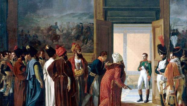 El enviado iraní Mirza Mohammed Reza-Qazvini se reúne con Napoleón I en el palacio de Finckenstein, en Prusia Occidental, el 27 de abril de 1807, para firmar el Tratado de Finckenstein.