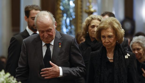 Former Spanish King Juan Carlos and former Queen Sofia attending the funeral service of Constantine II of Greece in Athens, Greece, January 16, 2023.