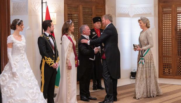 King Willem-Alexander of the Netherlands and Queen Maxima salute King Abdullah II of Jordan and Queen Rania, as they attend JordanÄôs Crown Prince Al Hussein bin Abdullah IIÄôs Royal Wedding Banquet at Al Husseinieh Palace in Amman, Jordan, on June 1st, 2023. Photo by Balkis Press/ABACAPRESS.COM