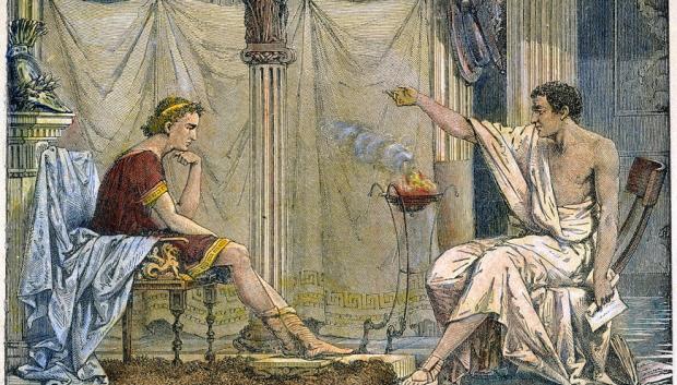 Alejandro y Aristóteles. El notable filósofo se ocupó de la formación intelectual y académica de Alejandro durante cinco años