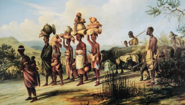 Ilustración de un grupo de xhosa por Thomas Baines (ilustrada en 1848)