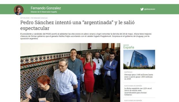 Noticia de 'El Observador' sobre las elecciones españolas