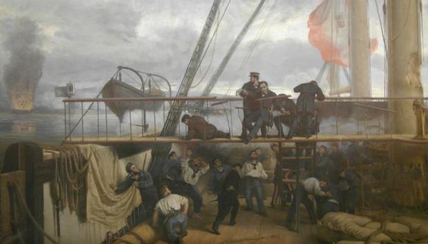 Lienzo de Antonio Muñoz Degrain del Museo Naval que representa el momento en que cayó herido el marino Méndez Núñez en el puente de la fragata Numancia durante el bombardeo a los fuertes de El Callao, el 2 de mayo de 1866