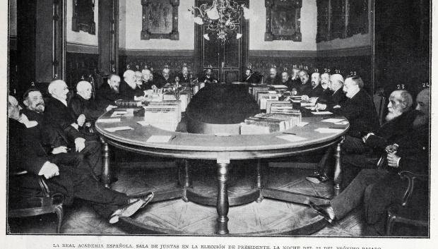 Sala de juntas de la Real Academia Española. Elección de nuevo presidente el 22 de noviembre de 1906 en el que salió investido Alejandro Pidal y Mon (n.º 6 en la fotografía