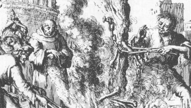 Grabado representando la quema en la hoguera de Arnaldo de Brescia