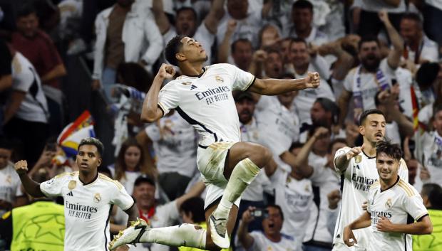El salto de Bellingham en la celebración de su primer gol con el Real Madrid en Champions