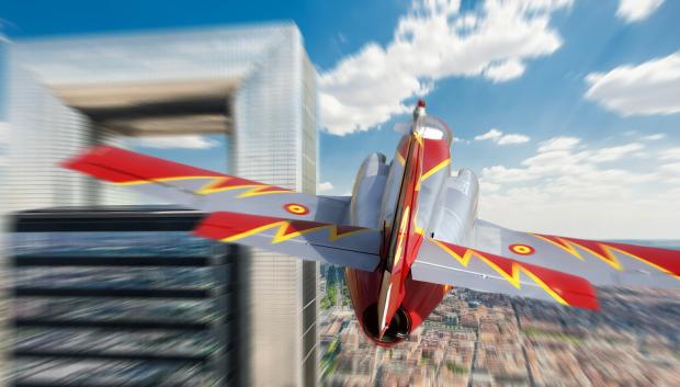 Recreación de un avión de la Patrulla Águila sobrevolando el skyline de Madrid
