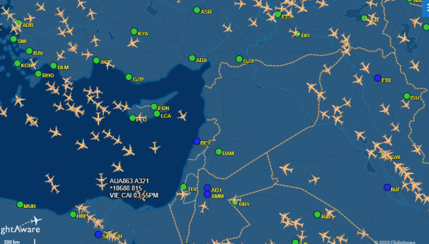 Vista de FlightAware donde aparece el aeropuerto de Damasco sin tráfico aéreo