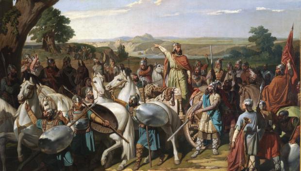 El rey Don Rodrigo arengando a sus tropas en la batalla de Guadalete, obra de Bernardo Blanco
