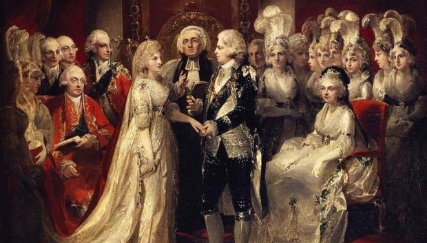 La boda de Jorge, príncipe de Gales, y la princesa Carolina de Brunswick se ofició el 8 de abril de 1795 en la Capilla Real de St. Palacio de James, Londres