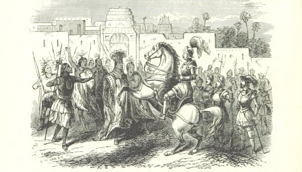 Hernando de Soto mostrando equitación ante el Inca Atahualpa
