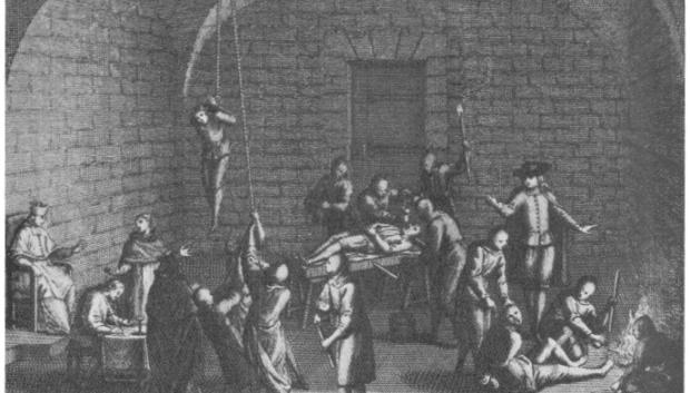 Imagen ficticia de una cámara de tortura inquisitorial. Grabado del siglo xviii de Bernard Picart,Kamen