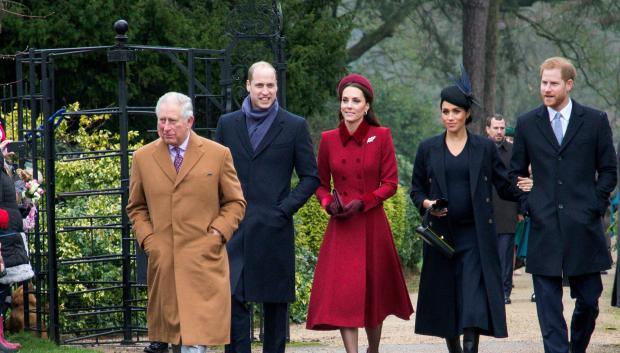 Prince Charles with Prince William and Kate Middleton with Prince Harry and Meghan Markle attending the Christmas day service in Sandringham in Norfolk, England, Tuesday, Dec. 25, 2018