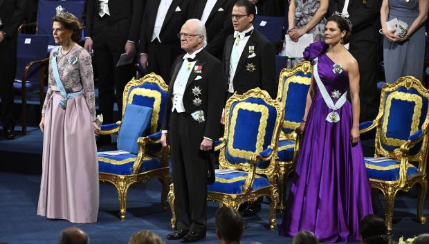 Sweden's Queen Silvia, King Carl Gustaf, Prince Daniel and Crown Princess Victoria during the Nobel Banquet at the Stockholm City Hall on Sunday. December 10, 2023.