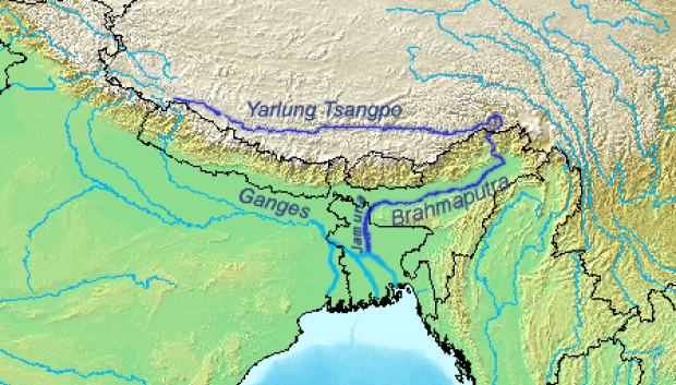 Mapa del río Brahmaputra/Yarlung Tsangpo