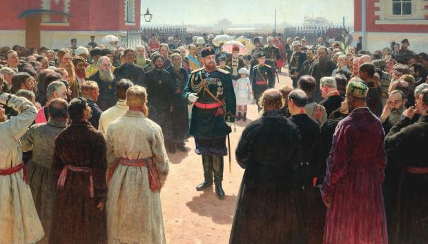 Recepción de Alejandro III a los decanos de los distritos rurales en el patio del Palacio Petrovski en Moscú, cuadro de Iliá Repin