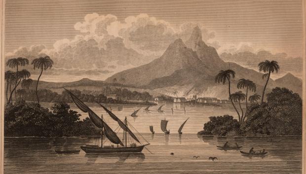 Un grabado de Sketch of the Mosquito Shore, que supuestamente representa el "puerto de Black River en el territorio de Poyais"