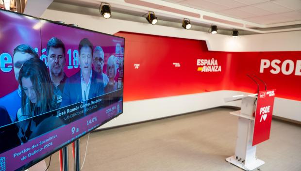 Vista de la sede del PSOE en Madrid durante la comparecencia del candidato a la presidencia de la Xunta de Galicia José Ramón Gómez Besteiro