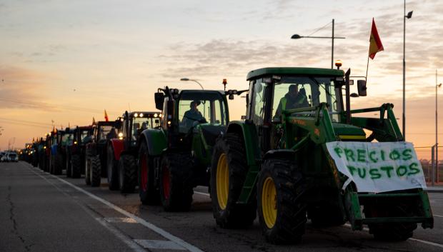 Los tractores de los agricultores concentrados en la A-42 a la altura de Torrejón de la Calzada