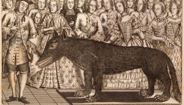 Presentación del cadáver de la Bestia por François Antoine ante la corte del rey Luis XV. Chez Mandare