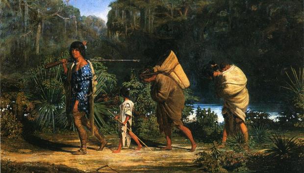 Los choctaws fueron trasladados al oeste del Misisipi desde 1831. Indios de Luisiana caminando por un pantano por Alfred Boisseau pintado 1846