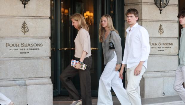 Infanta Cristina Urdangarin and sons Miguel and Irene Urdangarin in Geneva on Thursday 16 June 2023.
pictured: Four Season Hotel