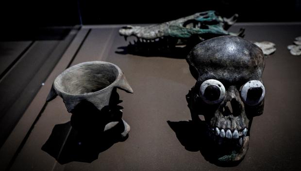 This photograph taken on March 29, 2024 shows a human skull displayed as part of the "Mexica: Offerings and Gods at the Templo Mayor" exhibition at the Quay Branly-Jacques Chirac Museum in Paris. More than 500 objects, including some 200 offerings found in the ruins of the great Mexica Templo Mayor, will be exhibited from April 3 to September 8, 2024, at the Quai Branly anthropological museum in Paris. (Photo by STEPHANE DE SAKUTIN / AFP)