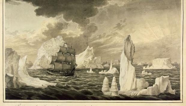 Litografía de la corbeta Atrevida durante su exploración de Alaska el 28 de enero 1794