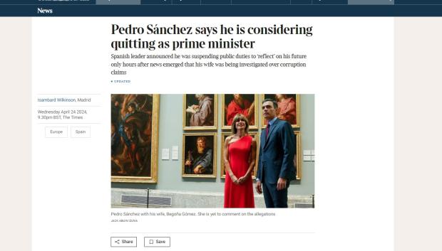 Noticia de 'The Times' sobre la reflexión de Sánchez