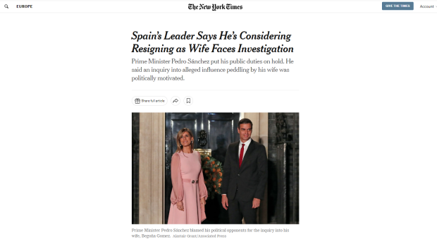 Noticia de Pedro Sánchez del medio estadounidense The New York Times