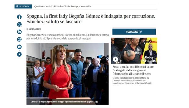 Corriere della Sera recoge la noticia sobre la investigación a la mujer de Pedro Sánchez