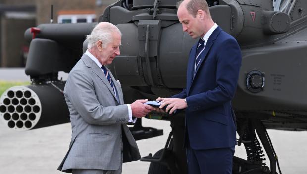 King Charles III and Prince William of Wales visiting the Army Air Corps in Stockbridge. Picture date: Monday May 13, 2024.