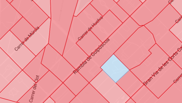 Detalle del mapa de resultados electorales por sección censal, en el que se observa la "isla" azul en un mar rojo.