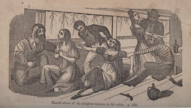 Mujeres asaltadas en su cabina por los piratas de Benito Soto. Grabado de 1856