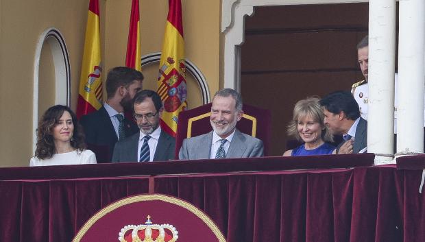 Spanish King Felipe VI with journalist Maria Rey , politician Isabel Diaz Ayuso with Francisco Rivera Ordoñez and Maria Rey attending Corrida de la Prensa during San Isidro Fair 2024 in Madrid on Wednesday, 5 June 2024.