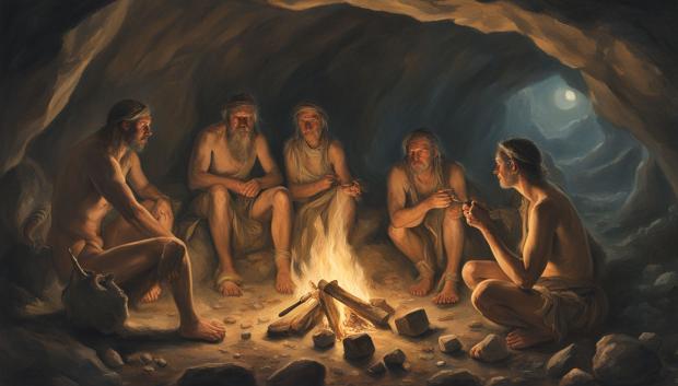 Homo sapiens alrededor de una hoguera en una cueva