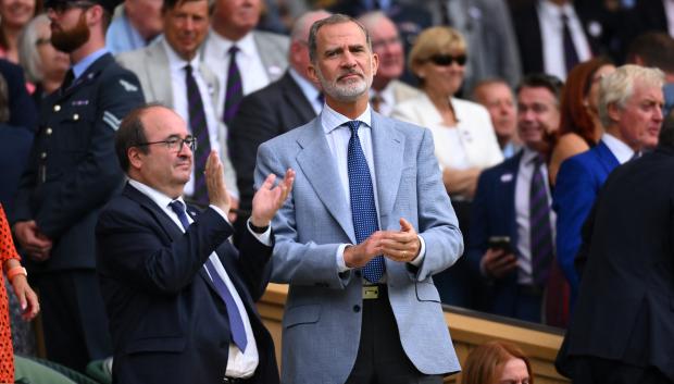 King Felipe VI of Spain and minister Miquel Iceta during Wimbledon Championships in London, UK - 16 Jul 2023