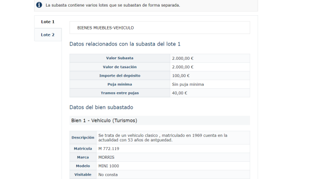 Datos del vehículo ofertado por el BOE