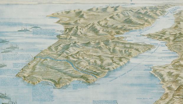 Mapa en perspectiva de los Dardanelos. En primer plano, el extremo de la península de Galípoli, el cabo Heles, uno de los lugares donde desembarcaron las tropas aliadas