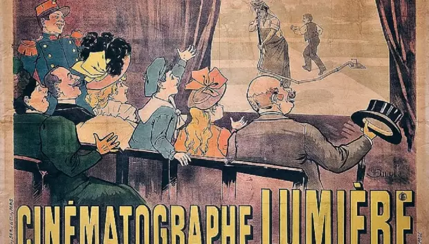 Cartel publicitario del cinematógrafo de los hermanos Lumière expuesto en 1896 en Rumanía