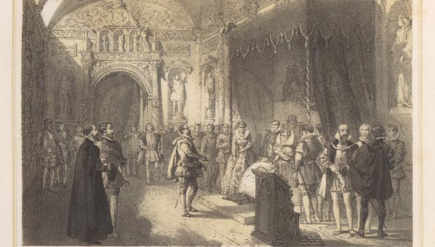 Presentación de Sarmiento a la reina Isabel I de Inglaterra estando prisionero de los ingleses en 1585
