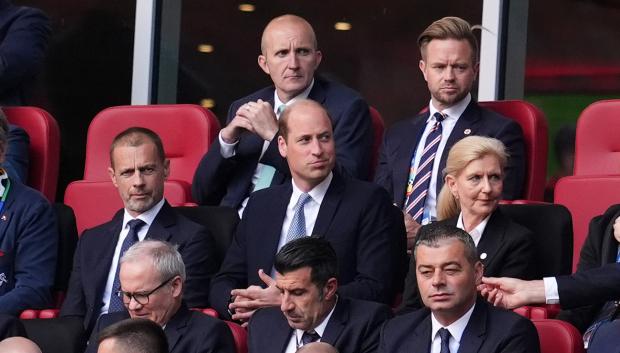 Prince William of Wales and UEFA President Aleksander Ceferin during the UEFA Euro 2024, quarter-final match at the Dusseldorf Arena, Germany. Picture date: Saturday July 6, 2024.