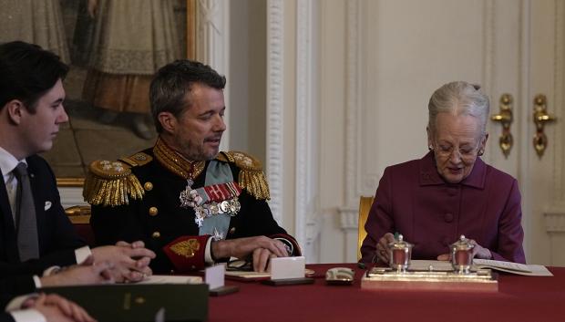 Queen Margrethe next to Frederik and Prince Christian during a declaration of abdication in the Council of State attending Denmark King Frederik X coronation ceremony in Copenhagen on Sunday 14 January 2024.