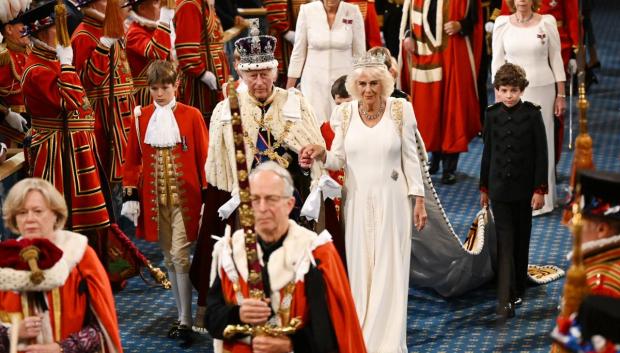 King Charles III and Queen Camilla attending the State Opening of Parliament in the House of Lords at the Palace of Westminster in London