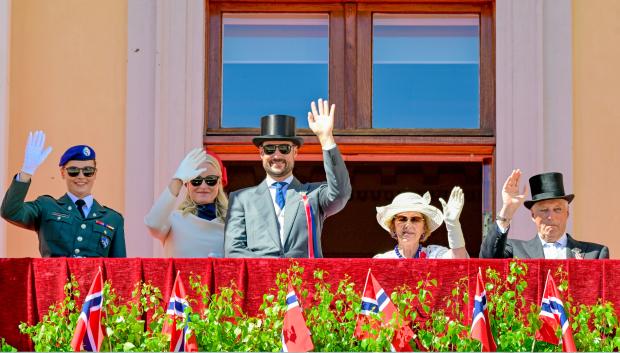 King Harald, Queen Sonja, Crown Prince Haakon, Crown Princess Mette-Marit and Princess Ingrid Alexandra during the Norwegian National Day celebrations, Oslo, Norway, May 17, 2024