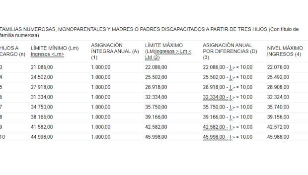 Cuadro de renta para familias numerosas, monoparentales o con padres discapacitados que tengan al menos tres hijos y posean el título de familia numerosa