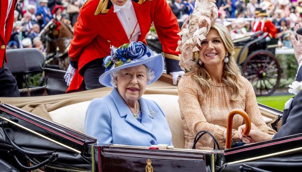 Queen Elizabeth II and Queen Maxima of The Netherlands at the annual Royal Ascot in Ascot, England, Tuesday, June 18, 2019.