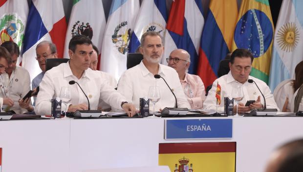 Spanish King Felipe VI , President Pedro Sanchez José Manuel Albares during official visit to Republica Dominacana on ocassion of XXVIII Cumbre Iberoamericana