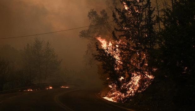 Un incendio forestal quema vegetación a lo largo de una carretera durante un incendio forestal en Varnavas, al norte de Atenas