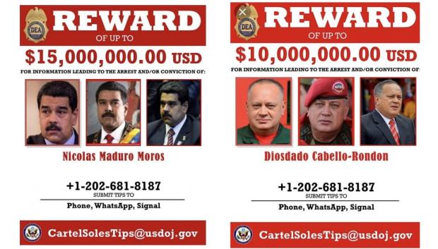 Carteles de la DEA de EE.UU. ofreciendo recompensa por la captura de Nicolás Maduro y Diosdado Cabello